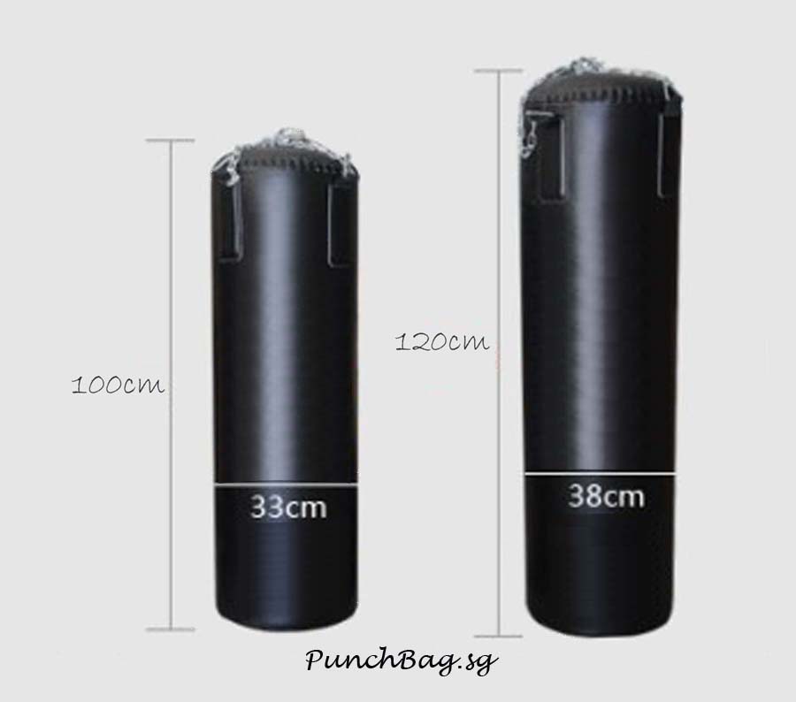 Black hanging punching bag suspended from a chain, showing the full cylindrical body and top strap assembly